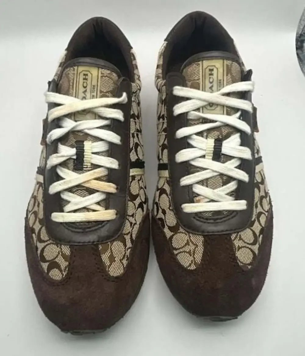 Coach Signature C Logo Canvas and Suede Sneakers in Brown